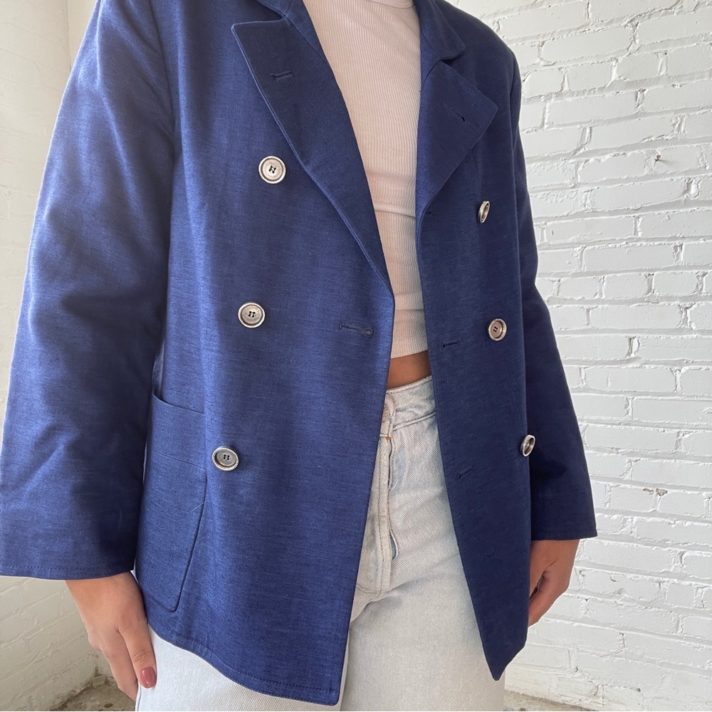 Balenciaga Denim Blue Linen Double Breasted Blazer Jacket - Picture 5 of 5
